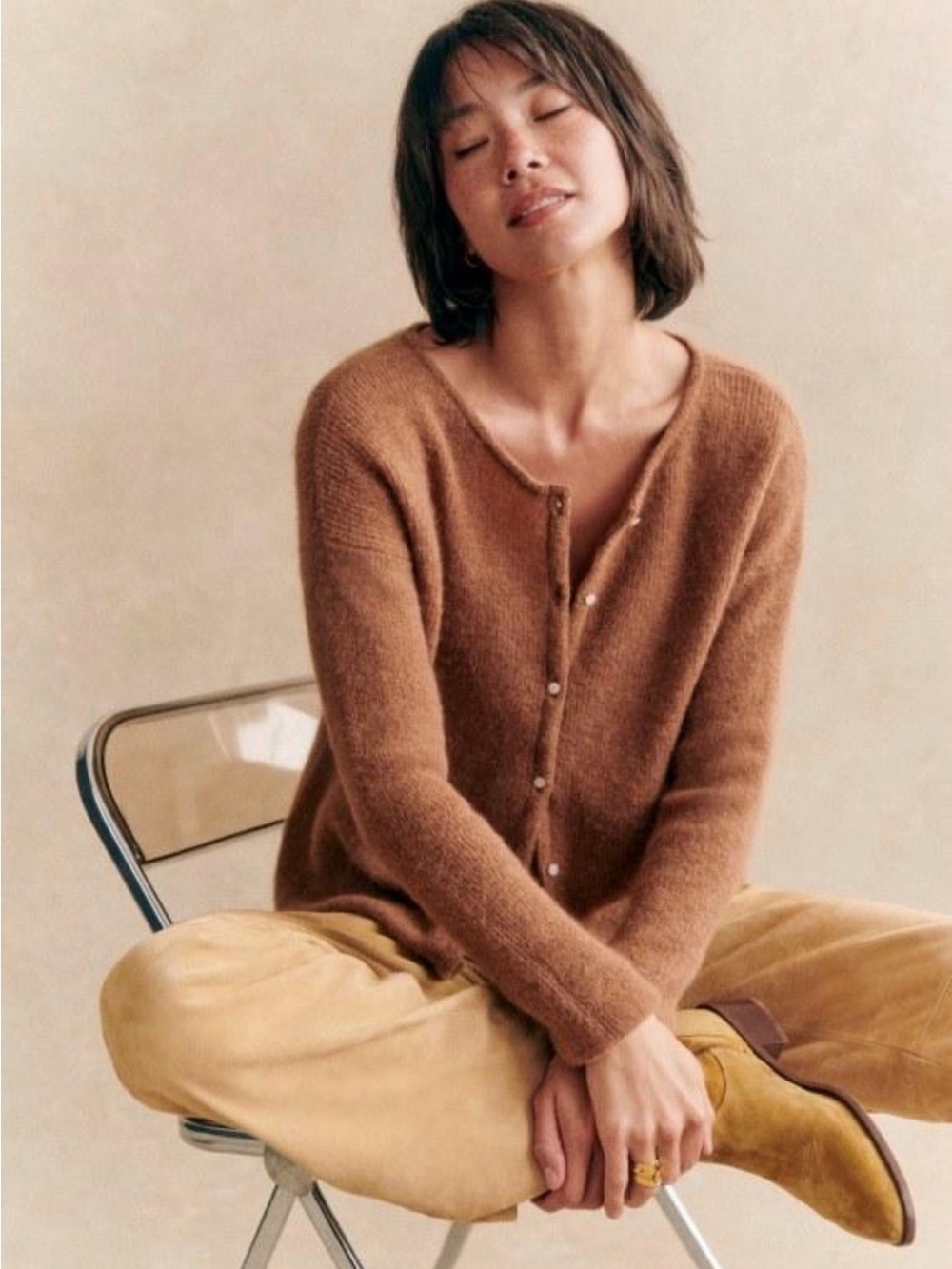Sézane La Maille Brown Fuzzy Button Front Cardigan Sweater S